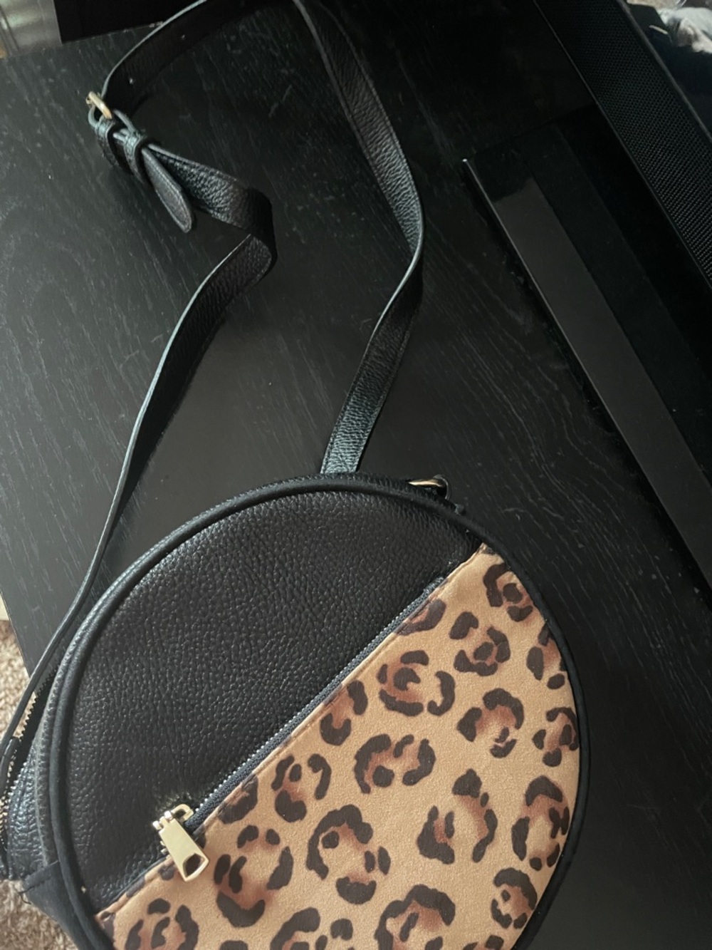 H&M Black Round Crossbody with Leopard-Print Front Pocket